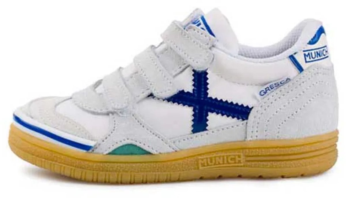 Witte zaalvoetbalschoenen met klittenband en blauwe accenten, model Gresca, geschikt voor jongens en meisjes, EU 32.