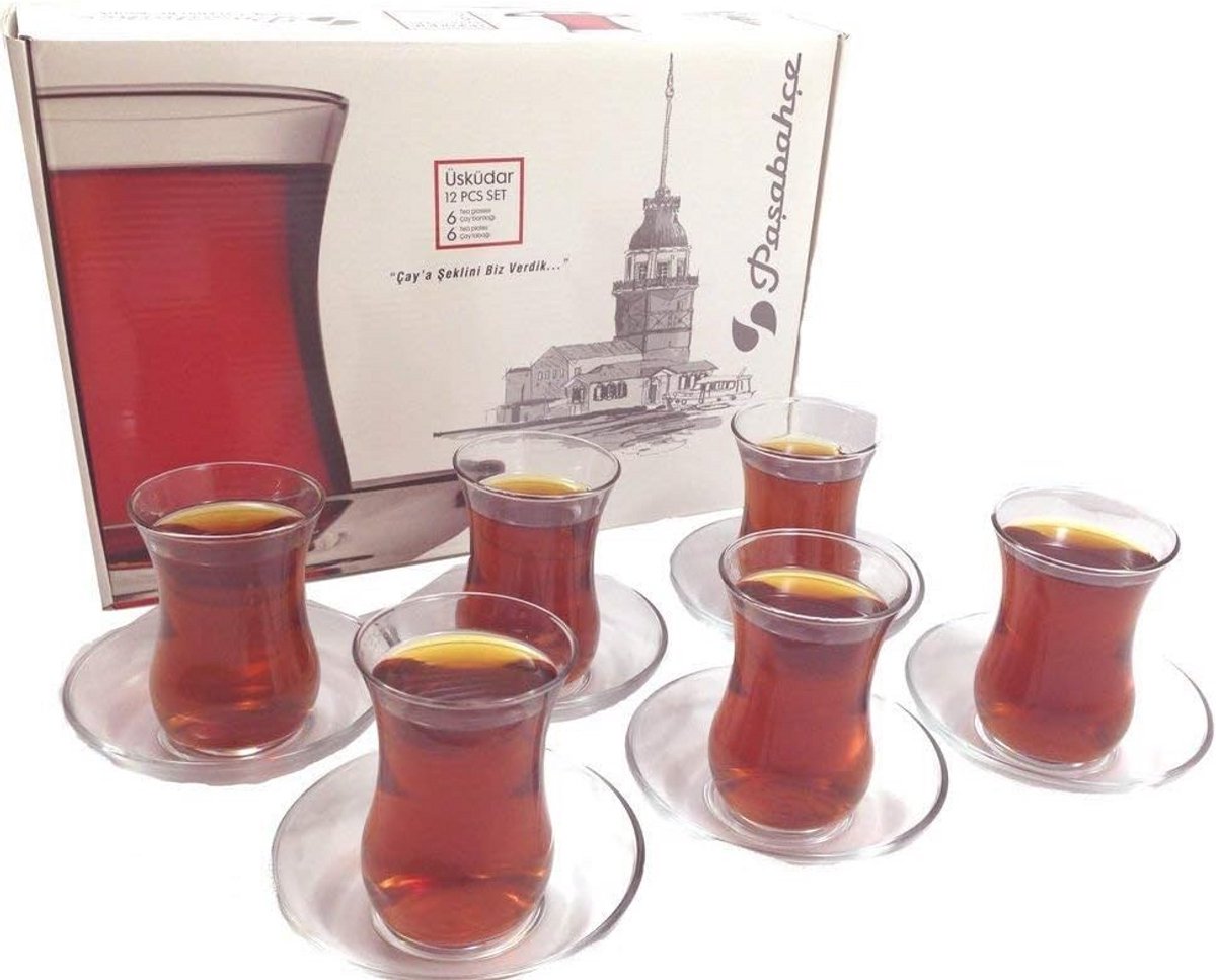 Set van 6 Turkse theeglazen met bijpassende schotels