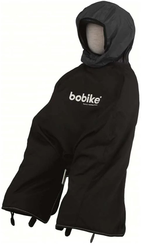 Zwarte Bobike poncho met capuchon, passend voor kinderzitjes.