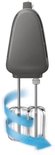 Een grijze handmixer met ronddraaiende metalen gardes, met blauwe bewegingsindicatie.