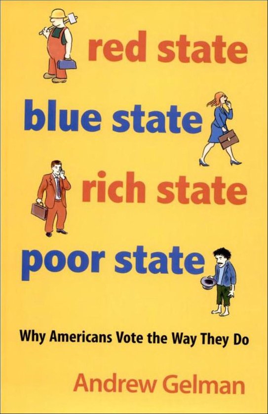Boek 'Red State, Blue State, Rich State, Poor State' met illustraties van diverse personen en de tekst 'Waarom Amerikanen Stemmen Zoals Ze Doen'.