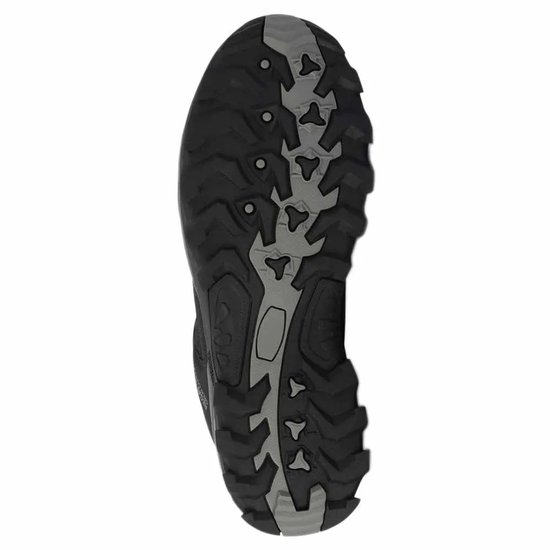 Zool van een zwarte wandelschoen met diep profiel in grijs en zwart.