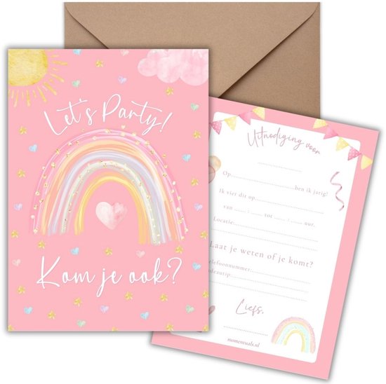 Roze uitnodiging met regenboog, zon, wolken en hartjes. Tekst: 'Let's Party!' en 'Kom je ook?'. Inclusief bruine envelop.