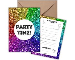Uitnodiging Kinderfeestje 10 Kaarten + Enveloppen - Disco Kleuren - Party – Jongen & Meisje – Uitnodigingskaarten - Beschrijfbaar – Verjaardag Kind