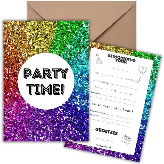 Uitnodiging Kinderfeestje 10 Kaarten + Enveloppen - Disco Kleuren - Party – Jongen & Meisje – Uitnodigingskaarten - Beschrijfbaar – Verjaardag Kind