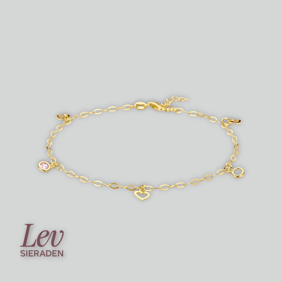 Goude enkelbandje met hart en roze zirkonia - 24 + 2 cm - 3 micron gold plated - 925 Zilver - Lev Sieraden