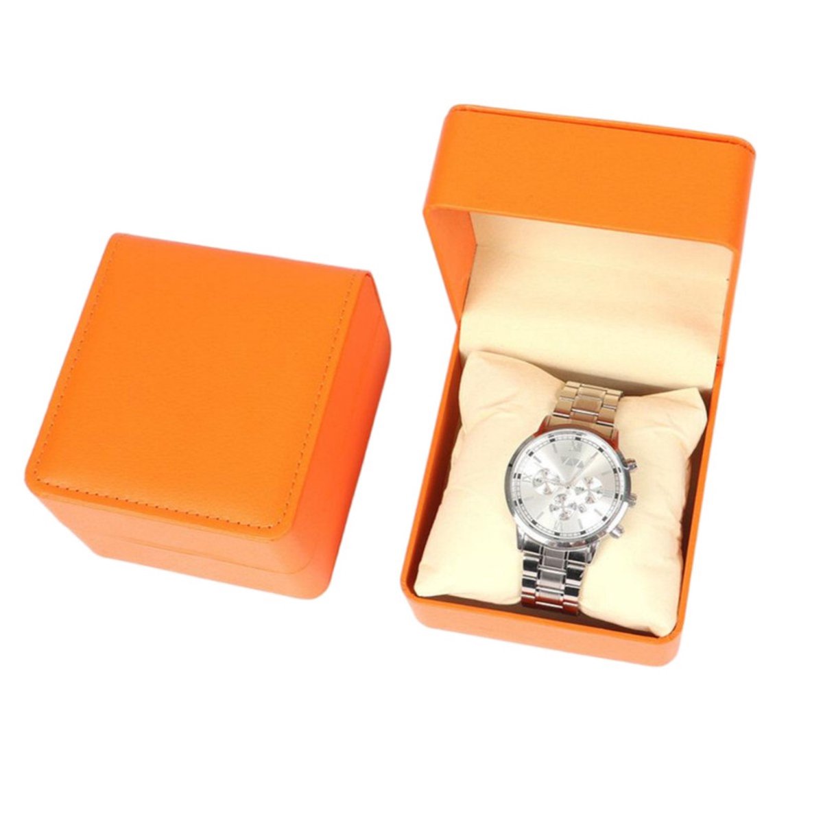 Horlogedoos met afgeronde hoeken - 10*11*7 cm - Horlogeopbergdoos met één vak - Horlogedoos van PU-leer - Horlogeverpakkingsdoos - Draagbare opbergdoos voor horloges - Geschikt voor het opbergen van armbanden, horloges en sieraden