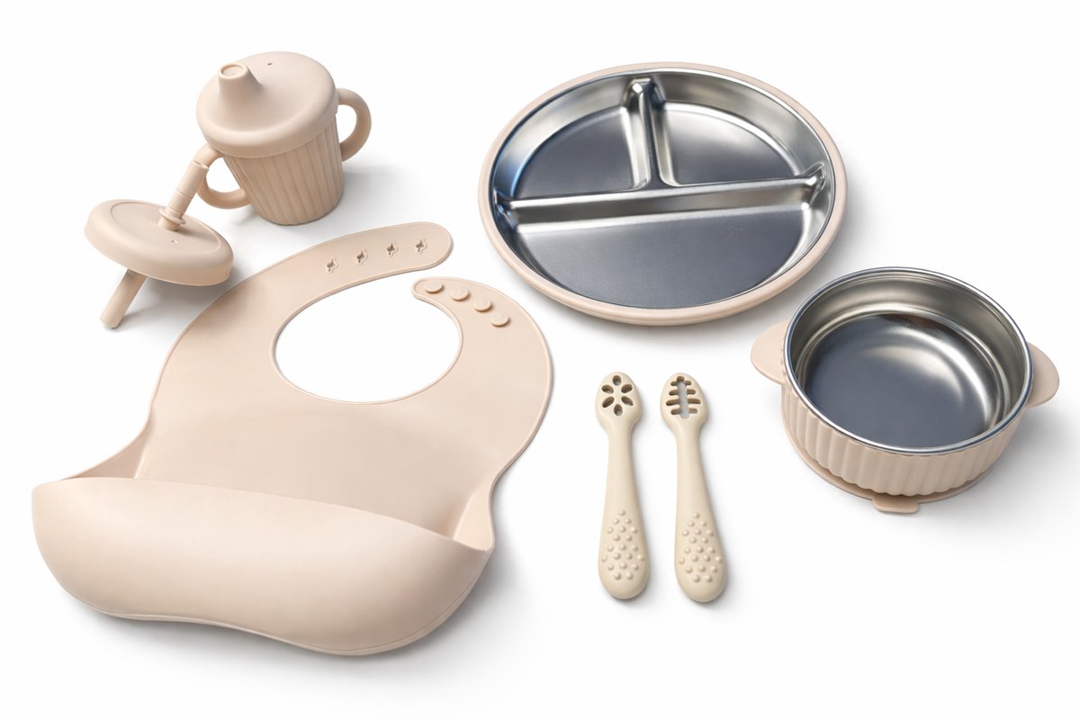Complete Baby Eerste Eetset – Siliconen & RVS Uitneembare kom – BPA-vrij – Met Slab, Bord, Beker & Lepels – Beige