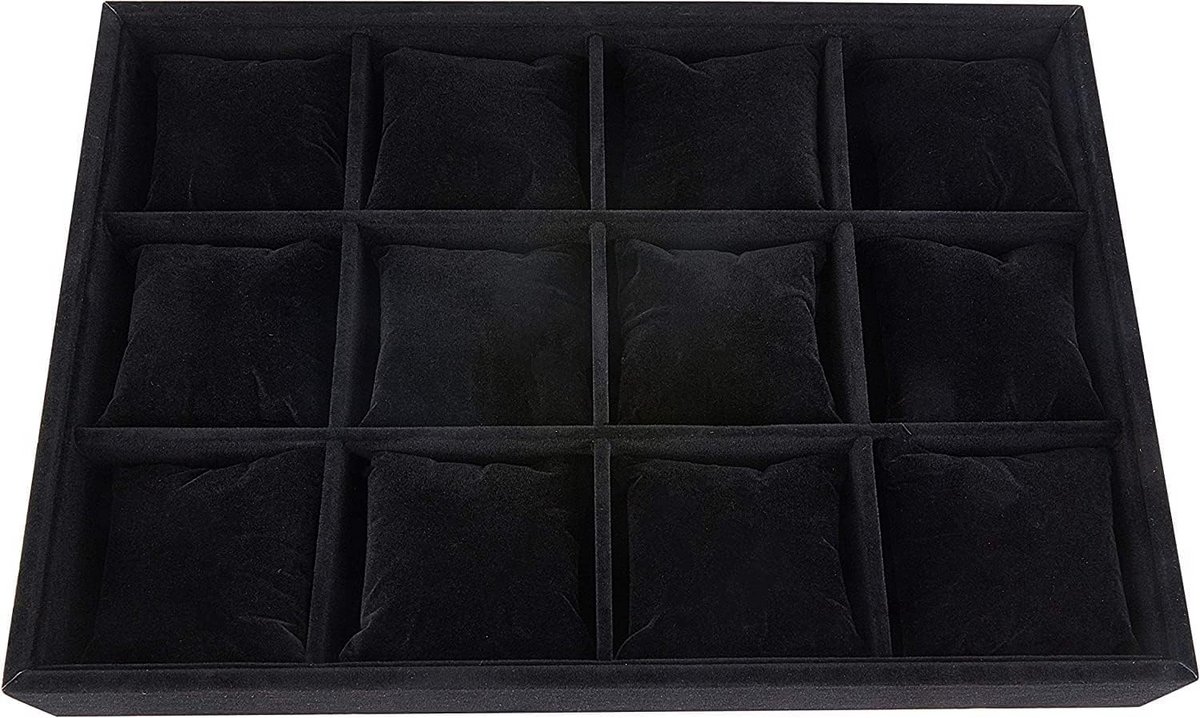 Horlogedienblad met 12 Sleuven - Fluwelen Sieradentrays en Showbox, Stapelbaar en Modern Zwart