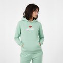 Een lichtgroene hoodie met op de voorkant een print van een aardbei en de tekst "LONDON TENNISCLUB".