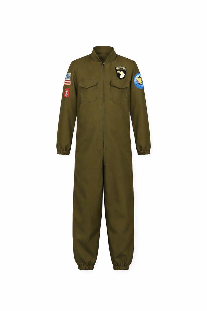 Joya Kids® Piloten Verkleedpak Kind | Carnavalskleding Kinderen | Verkleedkleren | Stoer Militair Jumpsuit Kostuum Jongens Top | Donkergroen Vliegpak met Emblemen Gun | Verkleedkleding Jongen Straaljager Piloot | | | Large — afbeelding 2