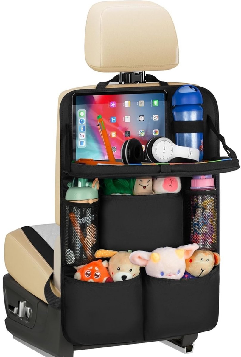 Famanu – Autostoelorganizer met klaptafel - 7 vakken - tablettas - hangende achterbank-organizer voor kinderen en reizen - universeel voor de meeste auto's