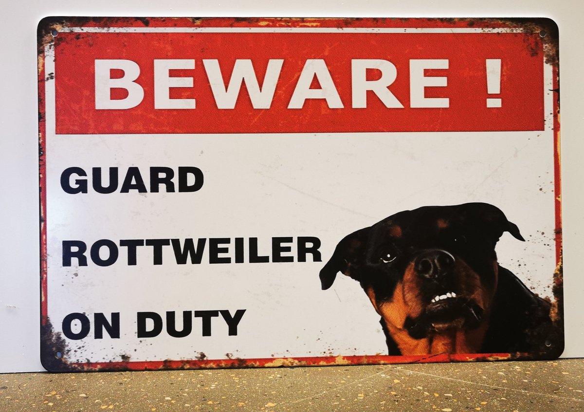 Metalen wandbord- Warning - Rottweiler on Duty - Mancave - Wand Decoratie - Metal sign - Mancave decoratie - Decoratie - Metalen borden - Tekst borden - Metalen bord