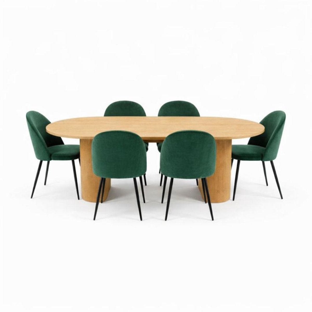 House Nordic Kyoto eethoek eettafel 100x210cm natuur, 6 stoelen velours groen. Naturel