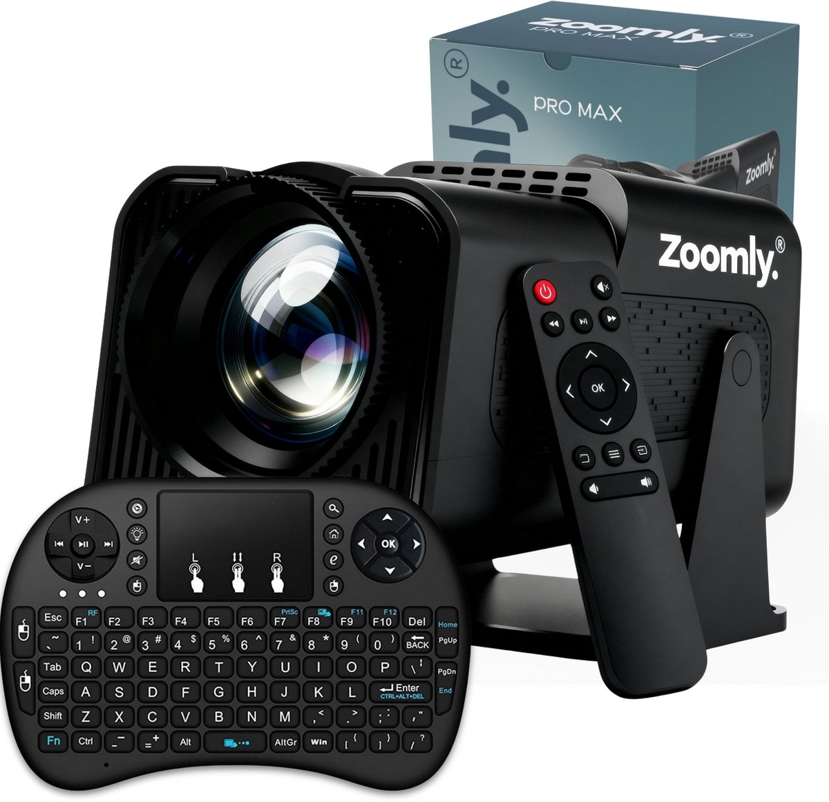 Zoomly® Pro Beamer - Projector - Mini Beamer - Full HD - Ondersteund 4k - Home Cinema - Android 12.0 - WiFi 6 & Bluetooth 5.2 - 200 ANSI - Wit