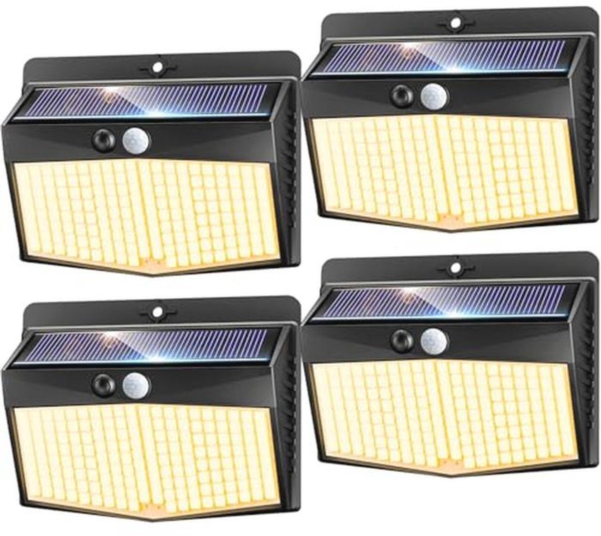 Zonnelamp voor Buiten met Bewegingsmelder - 168 LEDs - Waterdicht & Zonne-energie - 4 Stuks - Warm Wit