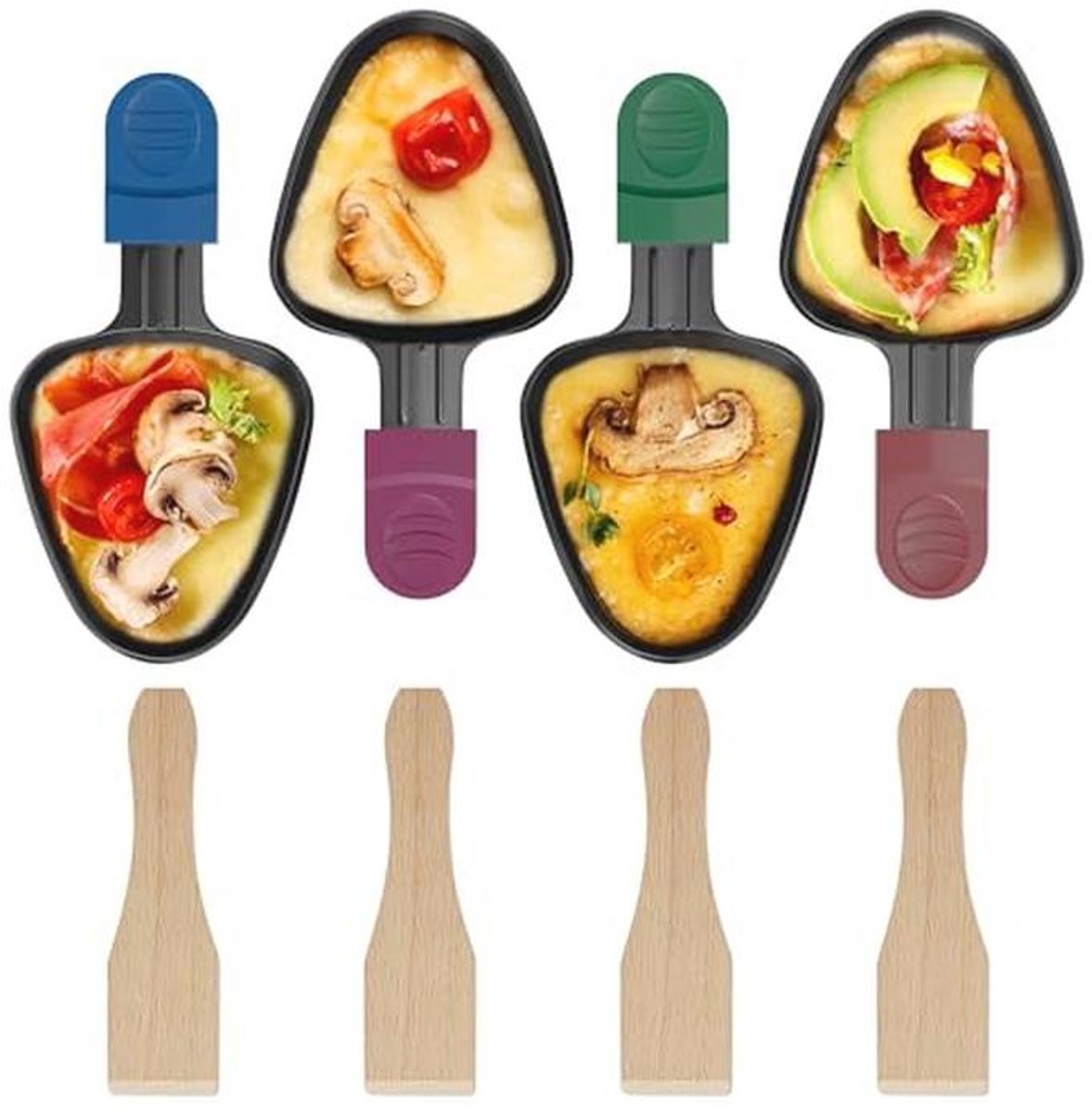 4 Stuks Raclette Pannetjes met Anti-aanbaklaag en Houten Schoppen Driehoekig en Kleurige Handgrepen