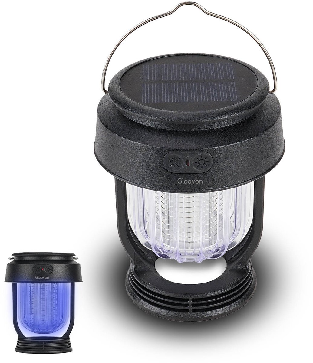 Gloovon® Campinglamp & Insectenlamp - Solar & USB Oplaadbaar - Draadloze Tentlamp - IPX6 Waterdicht - 280 Lumen - Zwart
