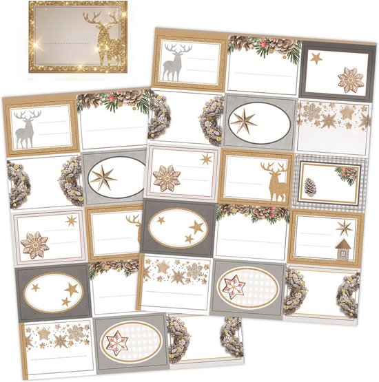 Naamstickers Kerst met Gouden Glitters - 30 Grote Kerst Etiketten - Kerst Labels Zelfklevend - Label Stickers Kerst - Stickers voor Volwassenen - Kerst Naam Stickers - Kerst Stickers Vellen - Etiketten om op te Schrijven - Stickers Kerst