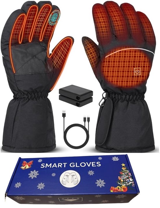 Zwarte "SMART GLOVES" doos met kerstdecoratie, twee zwarte verwarmde handschoenen en toebehoren.