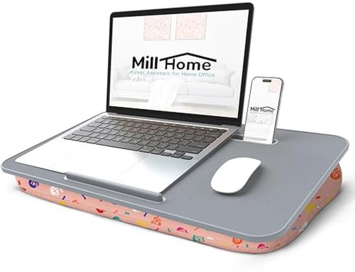 Schootbureau, schootbureau voor laptop met kussen, laptop schootbureau, kussen afneembaar en wasbaar, past tot 17" laptop, met tabletsleuf en stop, gebruikt als schootbureau voor laptop, MillHome