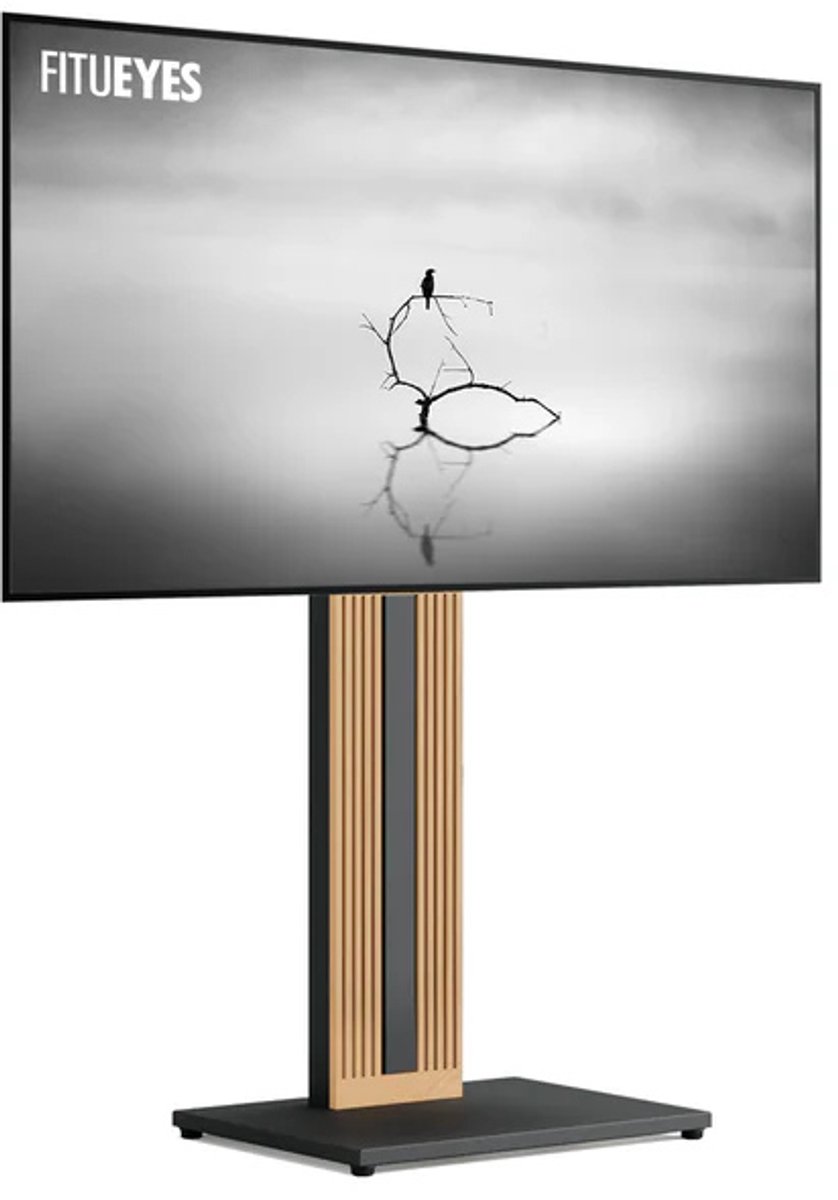 FITUEYES tv standaard Zen Serie Bodem ‑ tv standaard voet – 32–65″ – Beukenhout & Staal – Schwenkbaar ±15° – Hoogte verstelbaar tv voet – VESA 100‑400 – Draagkracht 40 kg