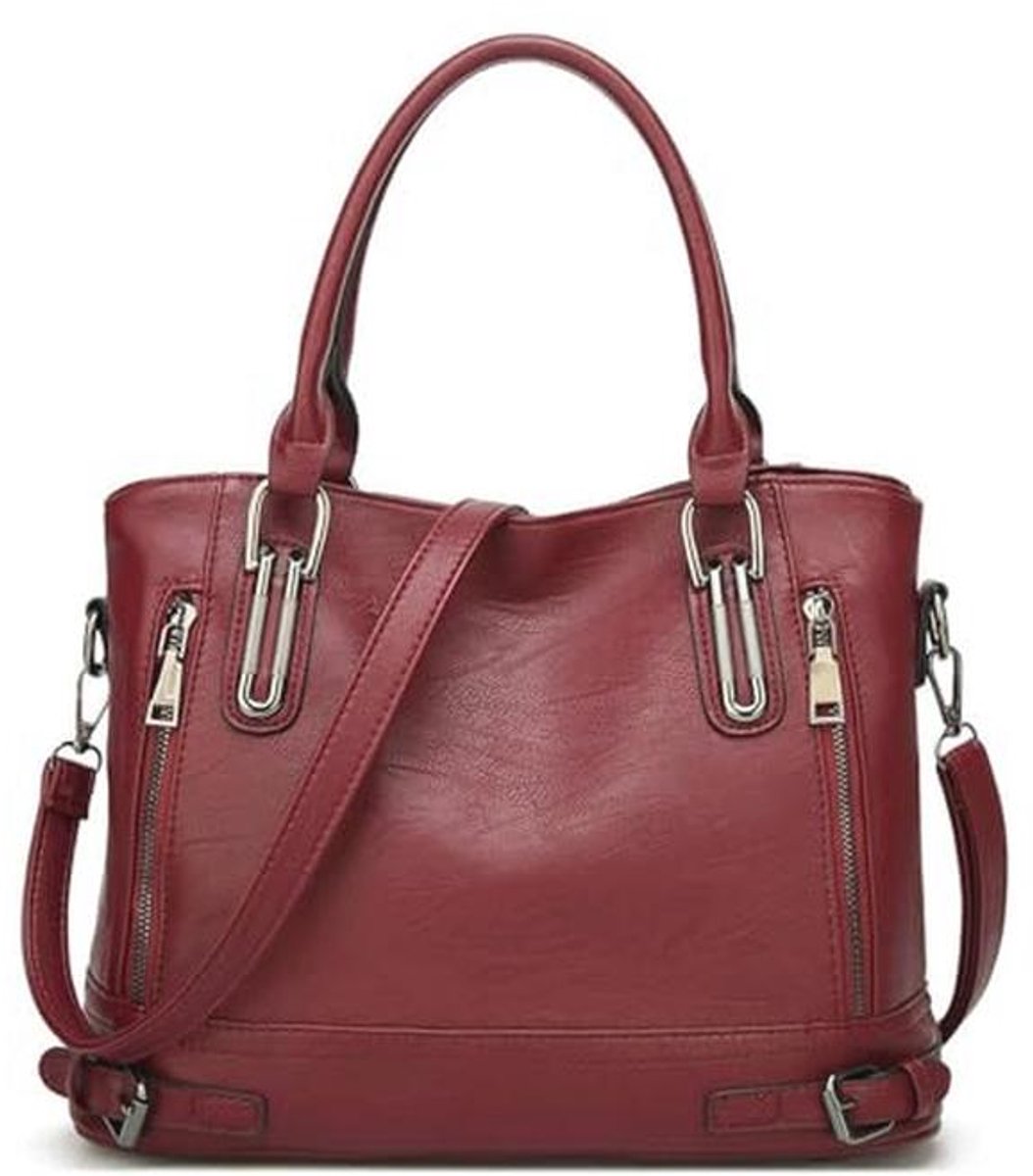 Vintage leren dameshandtas - Elegante schoudertas in Bourgondië rood