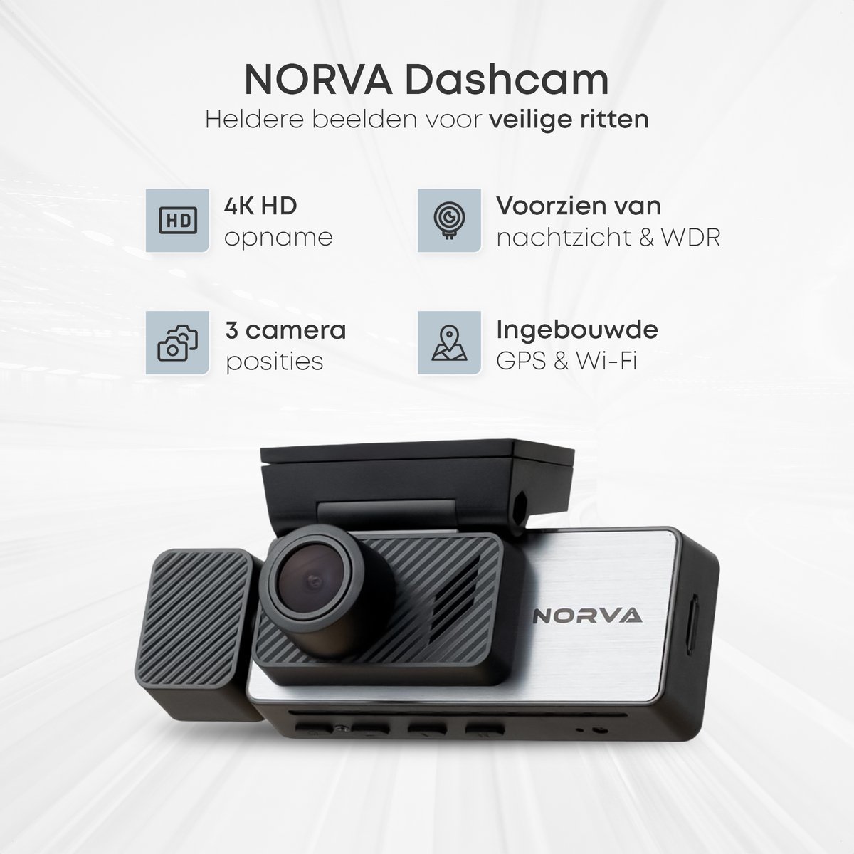 Norva - Dashcam voor Auto 3 in 1 - 4K Ultra HD - Voor en achter + binnen camera - Wifi & GPS - Nachtzicht - Besturing via app - 170 graden kijkhoek - G-sensor - loop recording - Incl. 64GB SD-kaart – foto 2