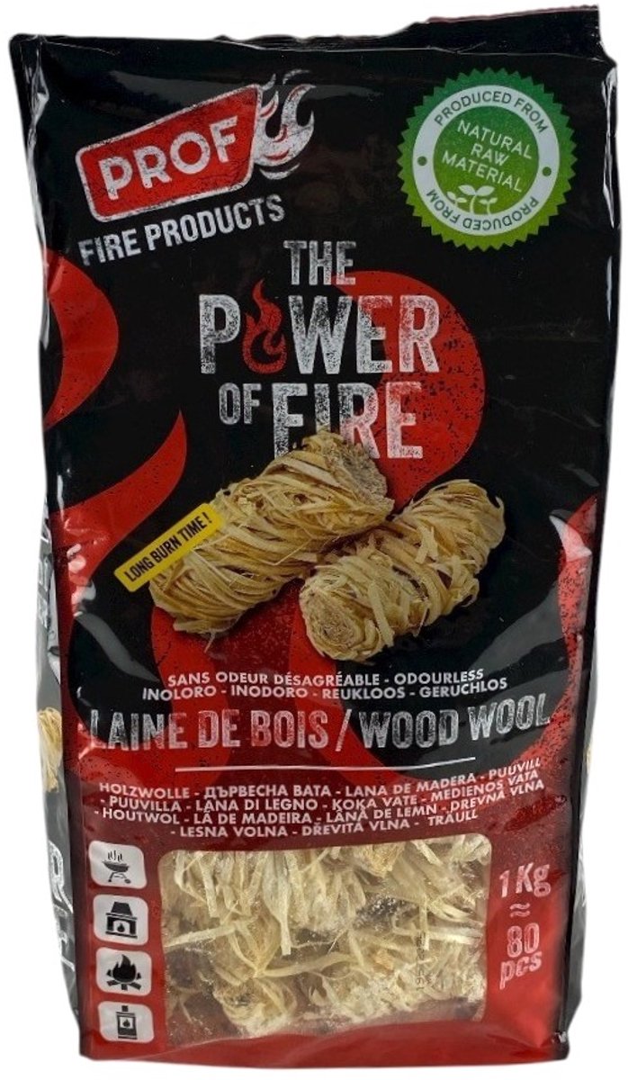 Houtwol Vuuraanmakers 1kg (80 stuks) – Prof | Natuurlijke Aanmaakwol voor BBQ, Haard & Kachel