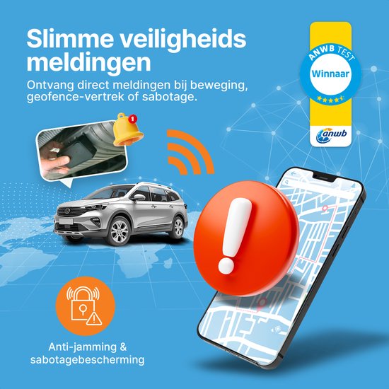 Illustratie met smartphone, auto en anti-jamming & sabotagebescherming, met "Slimme veiligheids meldingen".