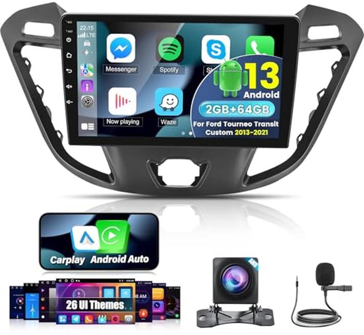 Android Autoradio met Draadloos Carplay & Android Auto, 9 Inch Touchscreen voor Ford Transit Tourneo Custom
