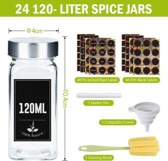 Afmetingen van een leeg glazen kruidenpotje van 120 ml, inclusief 48 voorbedrukte en 48 blanco labels, pen, trechter en borstel.