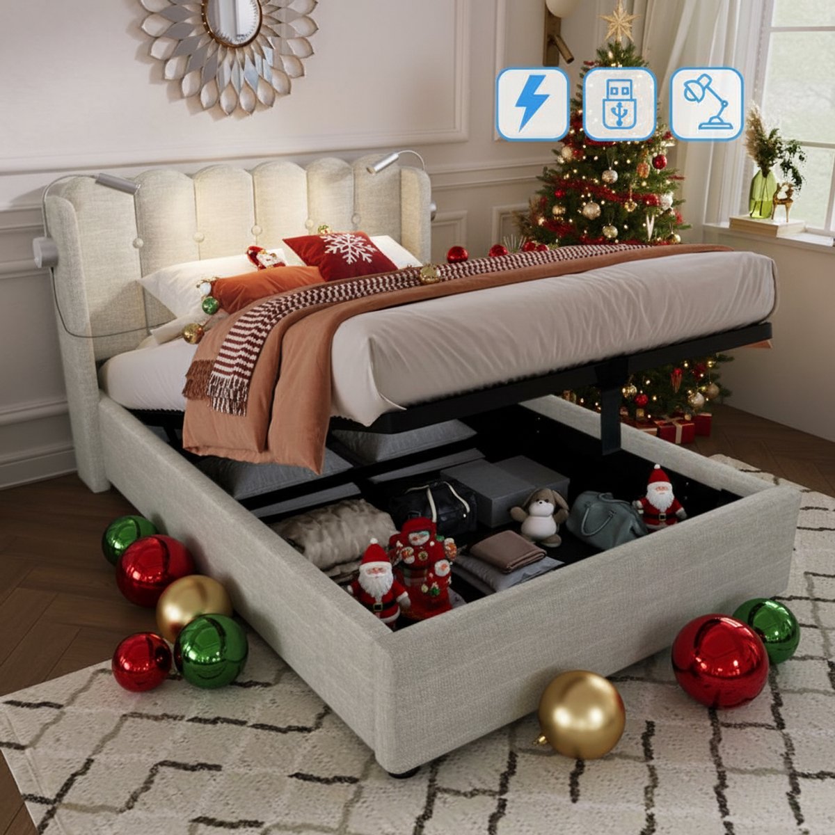KOMHTOM Bed Eenpersoonsbed 90x200 cm Gestoffeerd Hoofdbord Opbergruimte Tienerbed met lattenbodem Naturel Beige