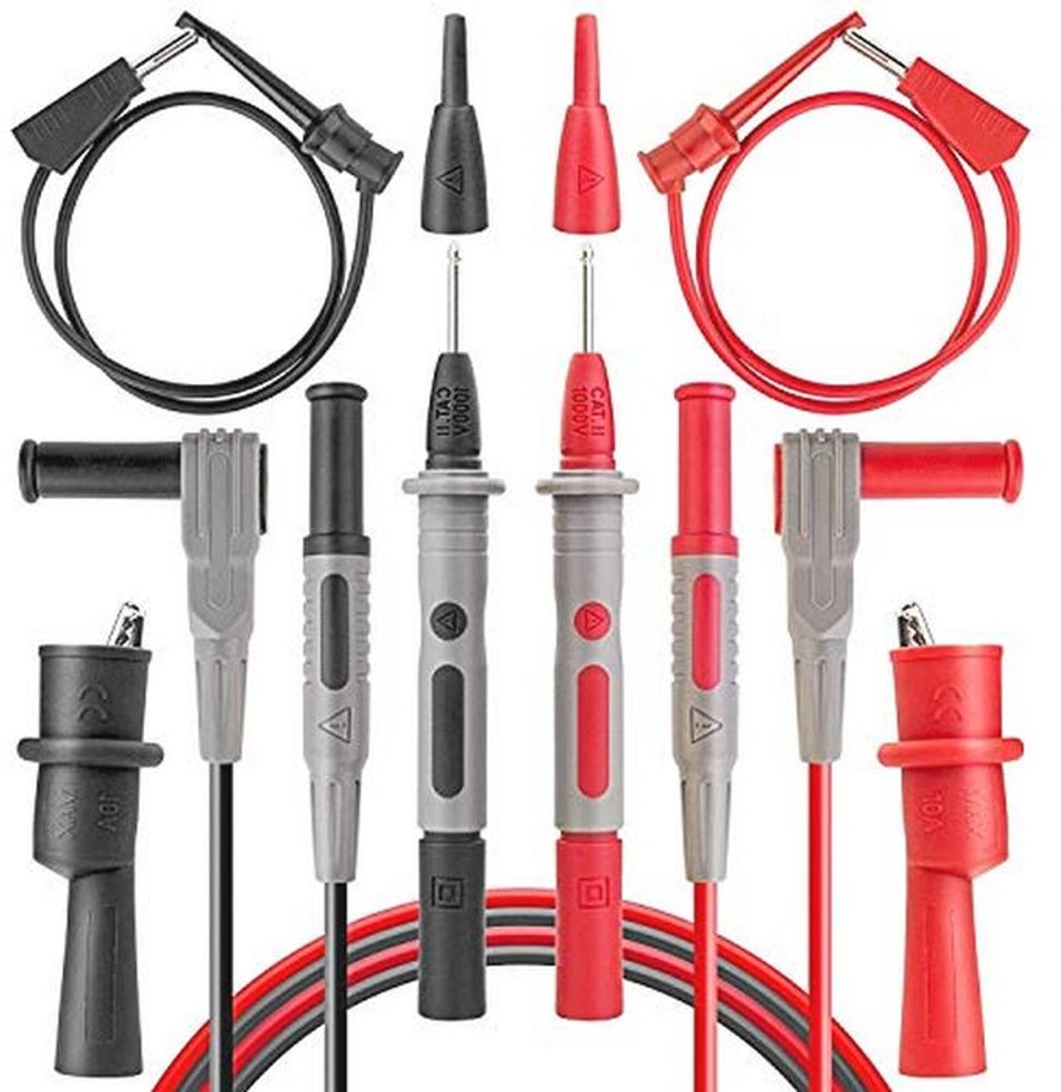 8-delige multimeter meetsnoeren set met krokodillenklemmen, mini-haken en testsondes voor voltmeter en klemmeter