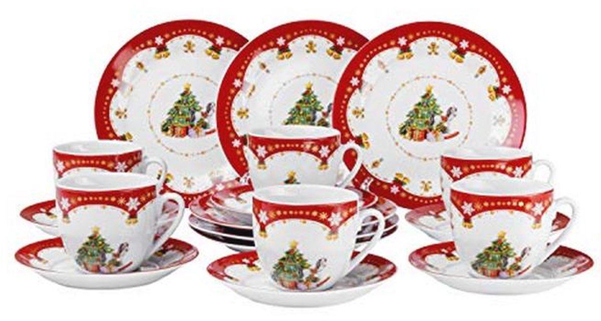 18-delig koffieservies rood/wit met Weihnachtszauber decoratie