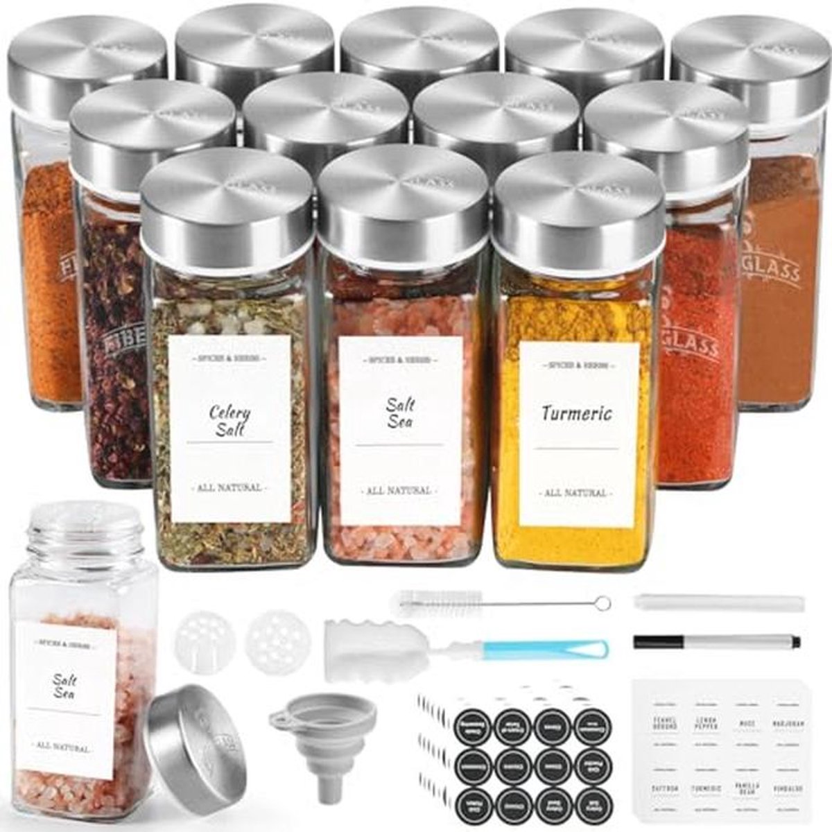 Vierkante Glazen Kruidenglasjes Set - 12 x 120 ml met RVS Deksel en Labels