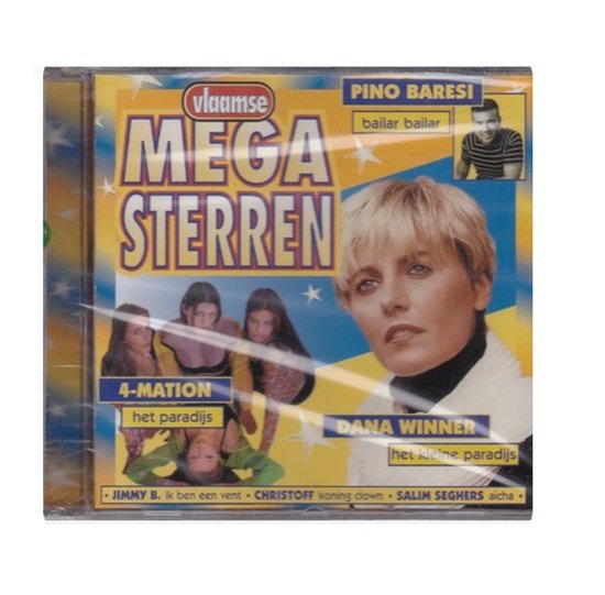 CD hoes met vrolijke kleuren en sterren. Titel: Vlaamse Mega Sterren. Met foto's van Pino Baresi, 4-mation en Dana Winner.