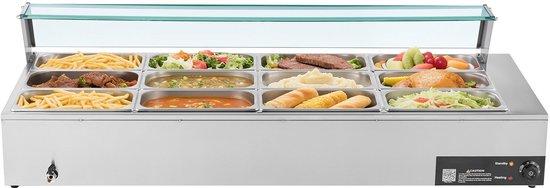 Commerciële Voedselverwarmer - Elektrische Bain-marie/Chafing Dish - Vermogen 1,7 kW - Set 12x GN 1/3 Bakken - RVS - Glazen Deksel - Met Soeplepel — afbeelding 5