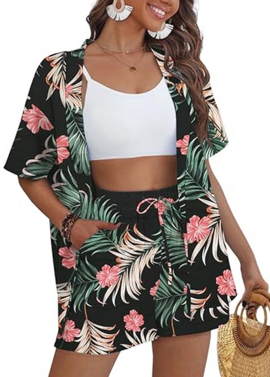 Dames 2-delige outfit kimono stijl tropische print korte mouw blouse shorts zomer strandkleding