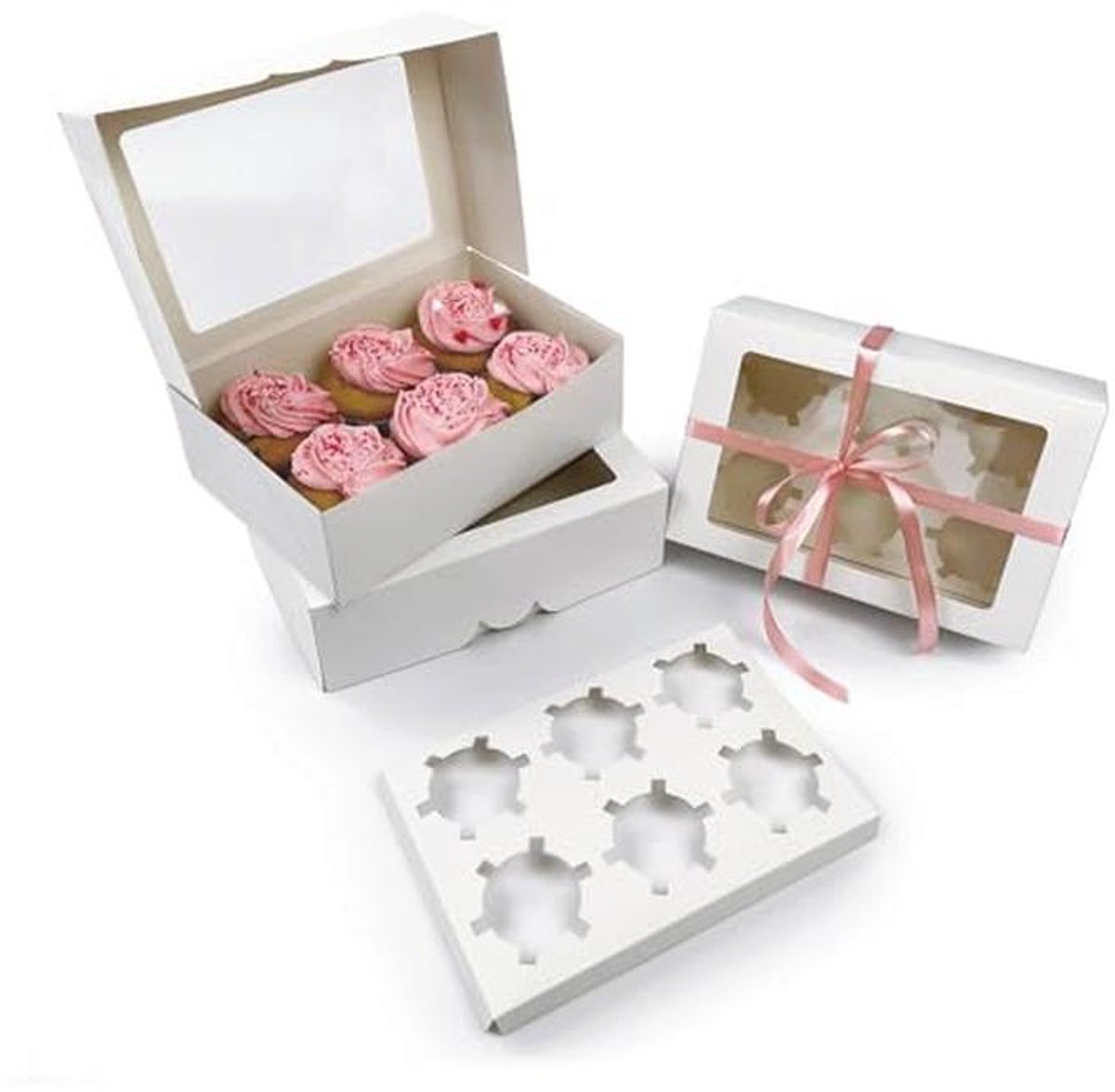 Cupcake doos met venster - 6 gaatjes - Wit - 5 stuks - Bescherming voor muffins en cupcakes
