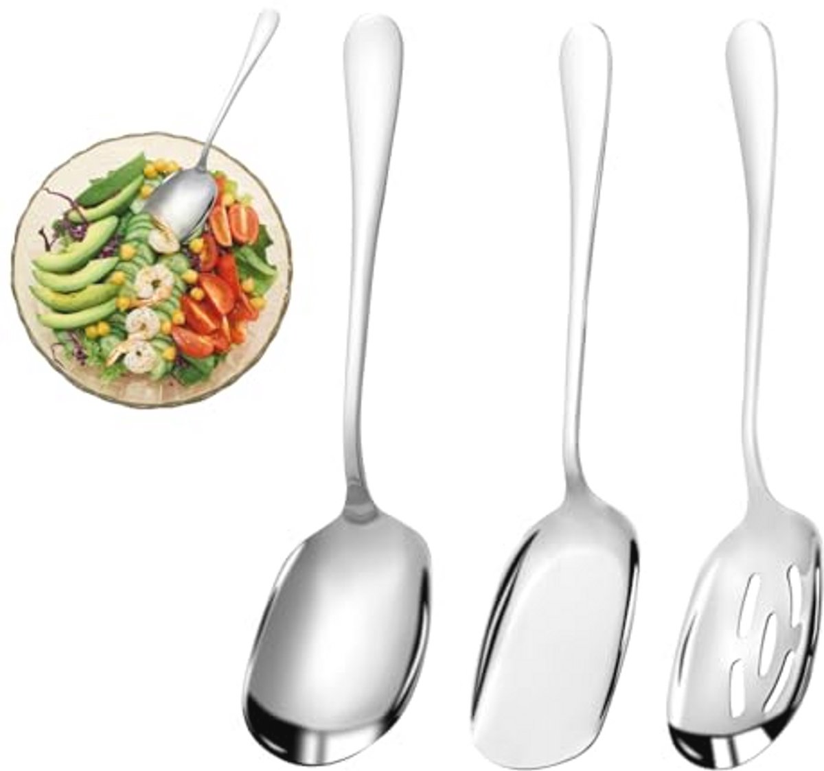 Set van 3 RVS Serveerlepels met Lange Handgrepen - Ideaal voor Salades en Buffetten