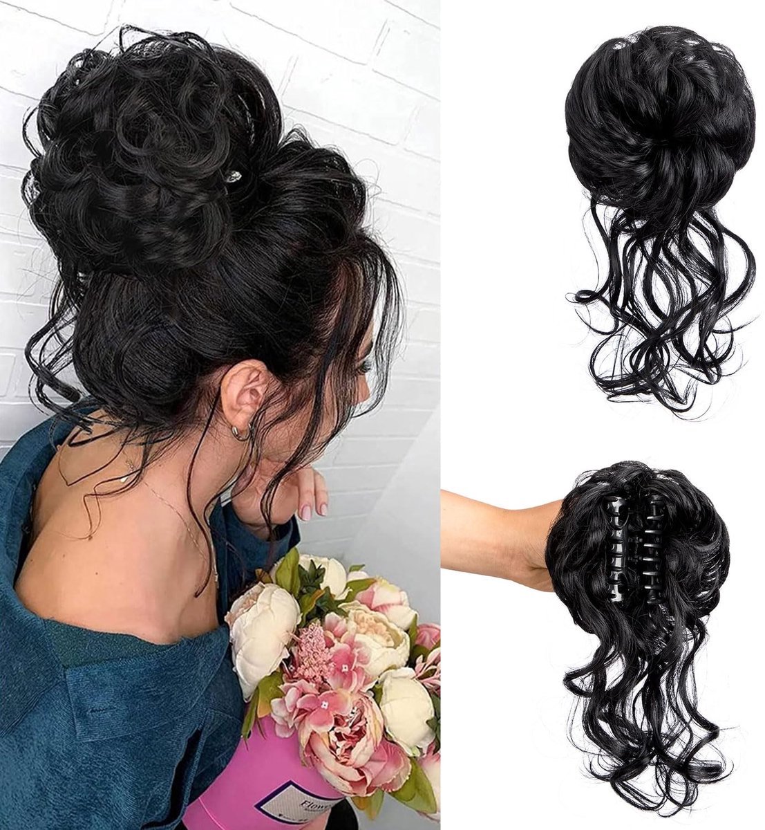 2 stuks Klauwclip, rommelige knot, haarstuk, warrige opgestoken knot, extensie, elastische haarband, scrunchie voor vrouwen (natuurlijk zwart)