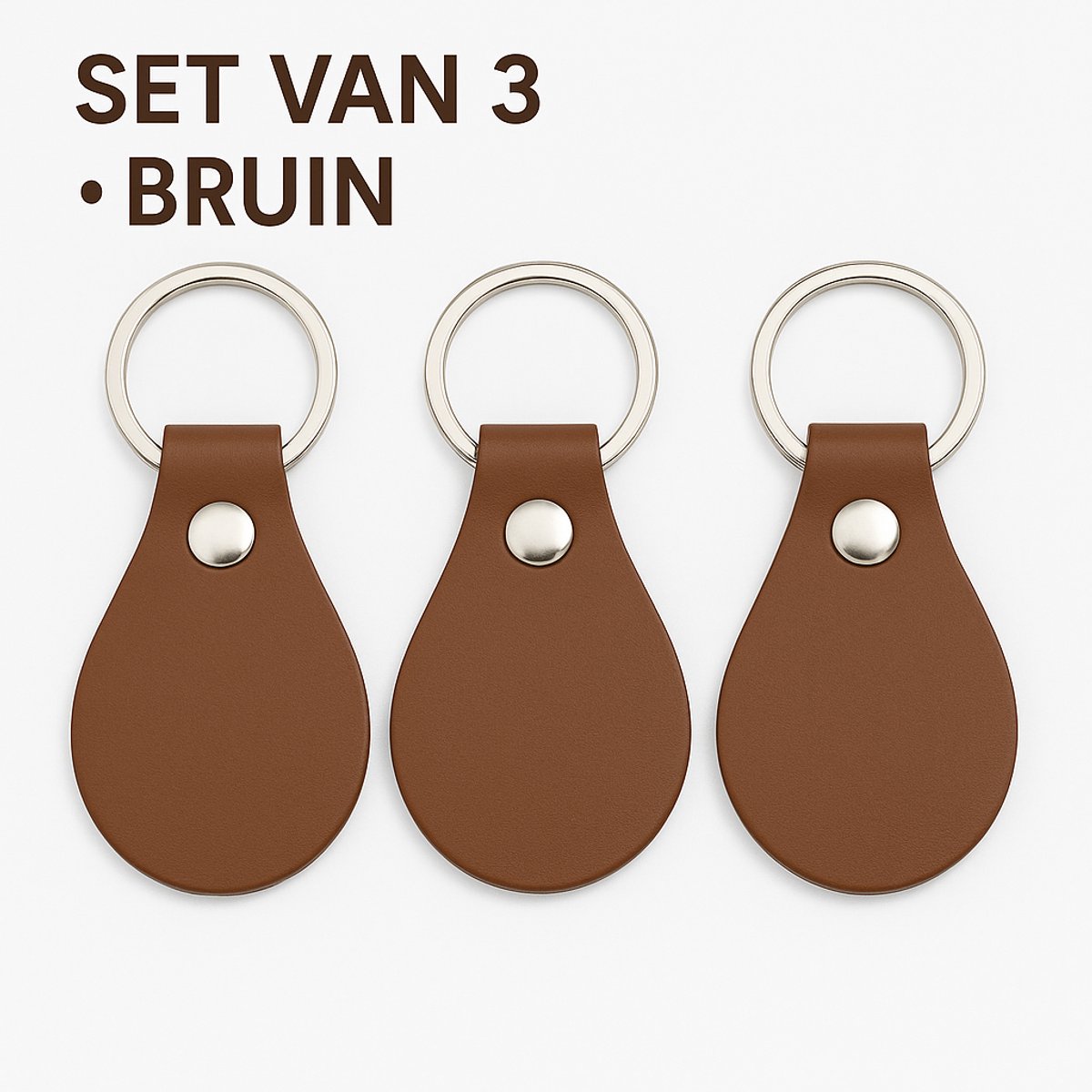 Leren Sleutelhanger – Set van 3 Stuks - Bruin – 4 Kleuren – Luxe Kunstleer Keychain Met RVS Ring – Duurzaam & Stevig – Sleutelhanger Leer Unisex