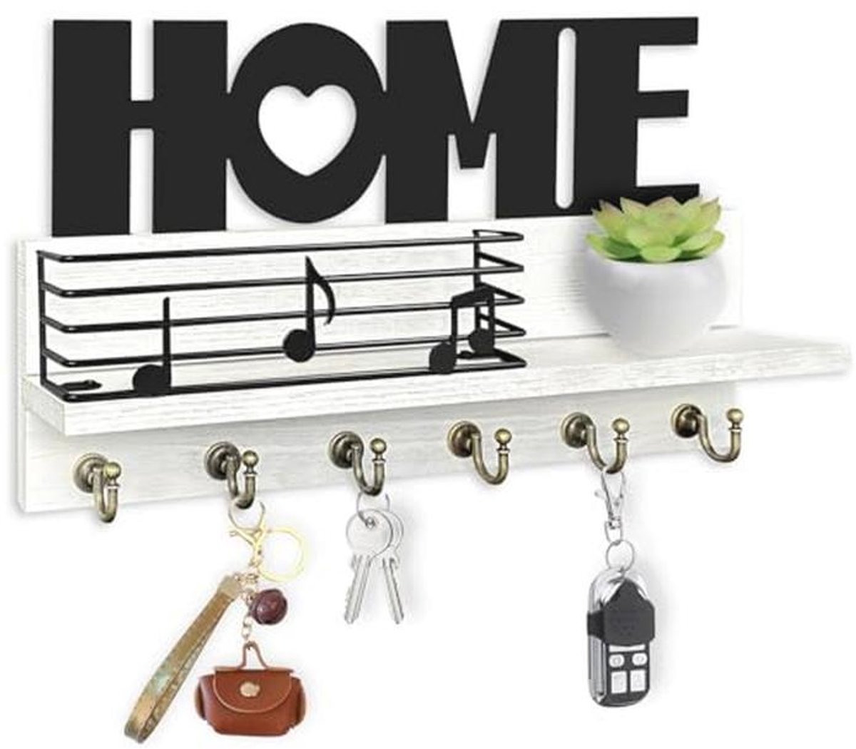 Wandorganizer met plank en 6 sleutelhaken - Vintage en rustieke woondecoratie