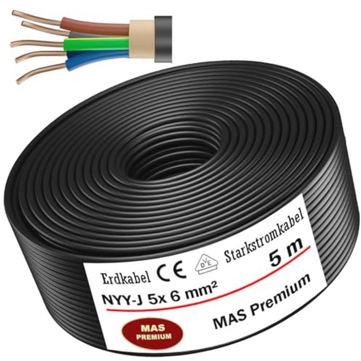 Aardingskabel 5-50m NYY-J 5 x 6 mm² elektrische kabel voor binnen en buiten