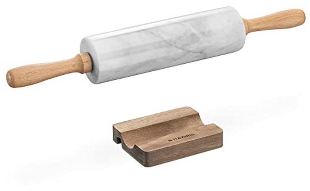Marmeren Deegroller met Houten Handgrepen - Inclusief Stand voor Keuken en Bakken