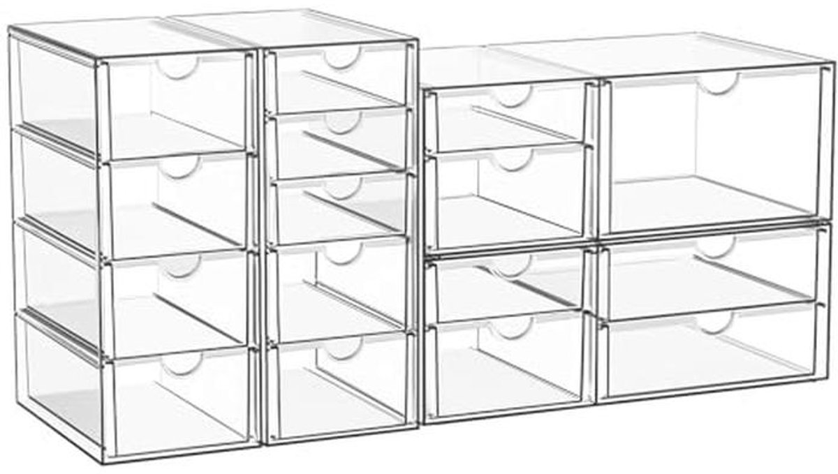Set van 4 doorzichtige cosmetica- en bureau-organizers met 16 handige laden