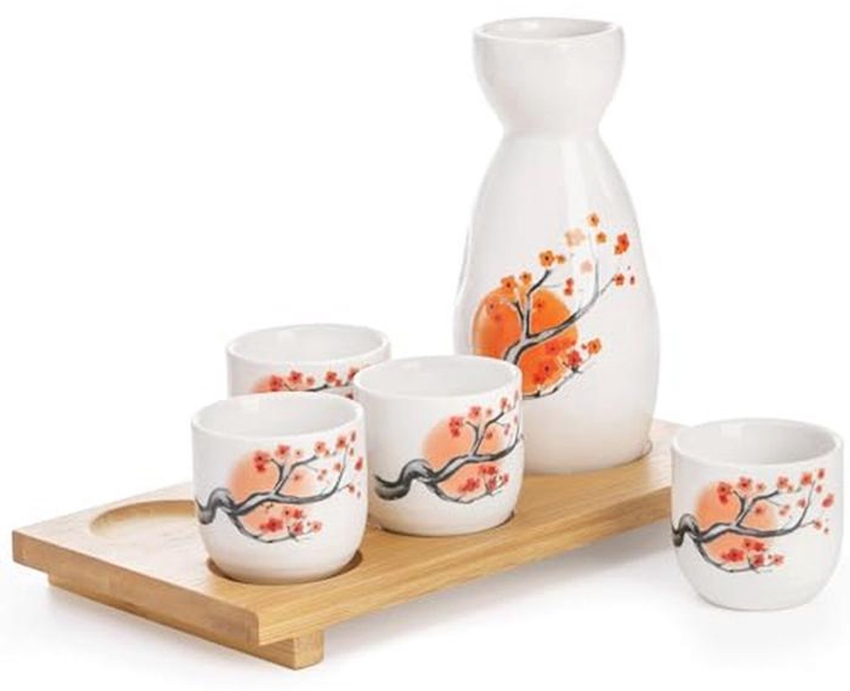 Keramische Japanse Sake Set met Karaf, Sake Kopjes en Bamboe Dienblad - 6 Delig