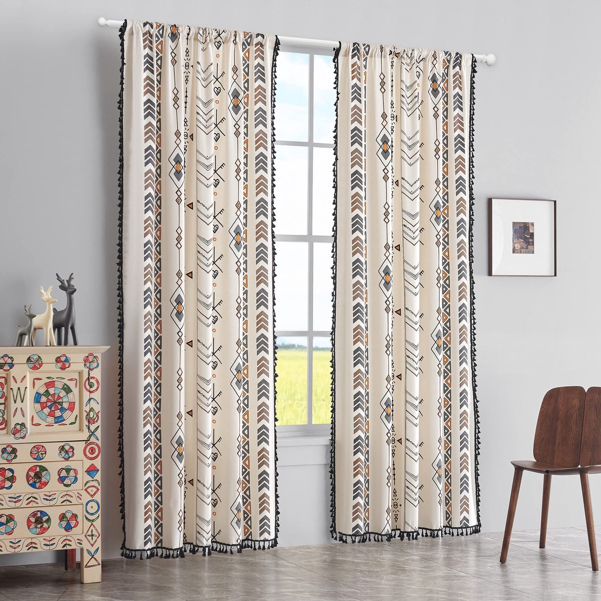 Unyqoos Bohemian Gordijnen met Geometrisch Patroon en Kwastjes voor Slaapkamer of Woonkamer Diverse kleuren