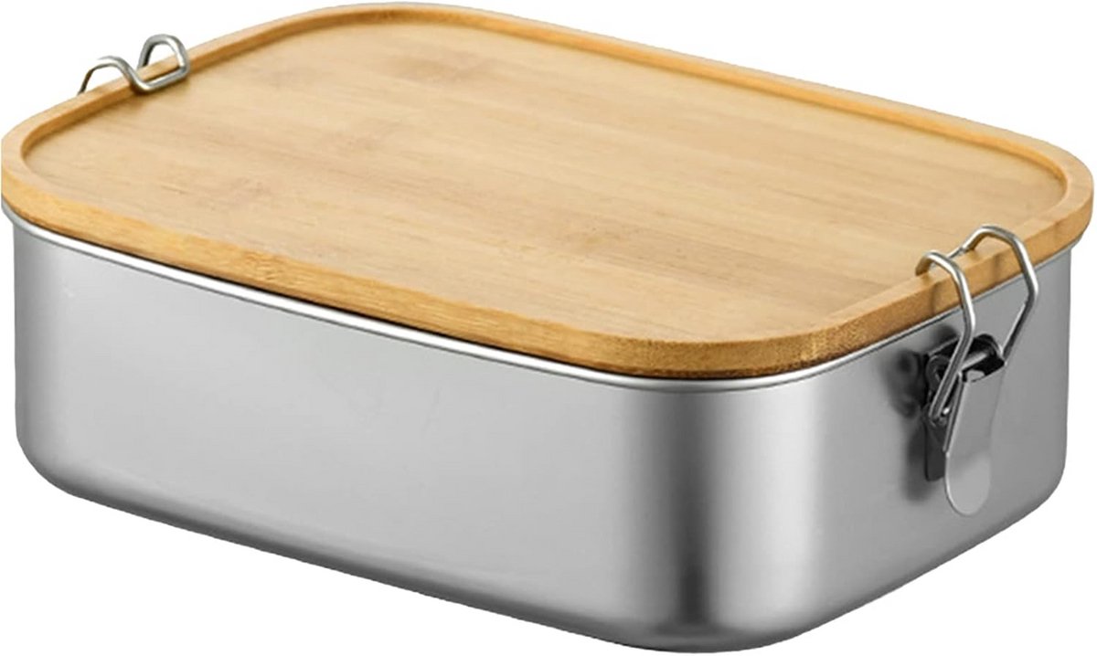 Lekvrije RVS Lunchtrommel met Houten Deksel voor School en Werk